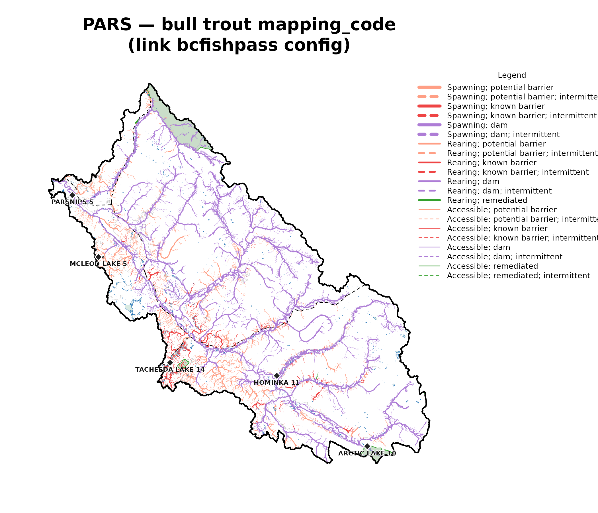 Bull-trout per-segment mapping_code across the Parsnip River Watershed Group, link's bcfishpass configuration. Stream colours come straight from the bcfishpass symbology registry, so they match a bcfishpass QGIS project exactly. Context: lakes/rivers/manmade waterbodies (light blue), provincial parks (green), First Nations reserves (grey polygon + black diamond + label), resource roads (grey), railways (black dashed); the heavy black line is the watershed-group boundary.