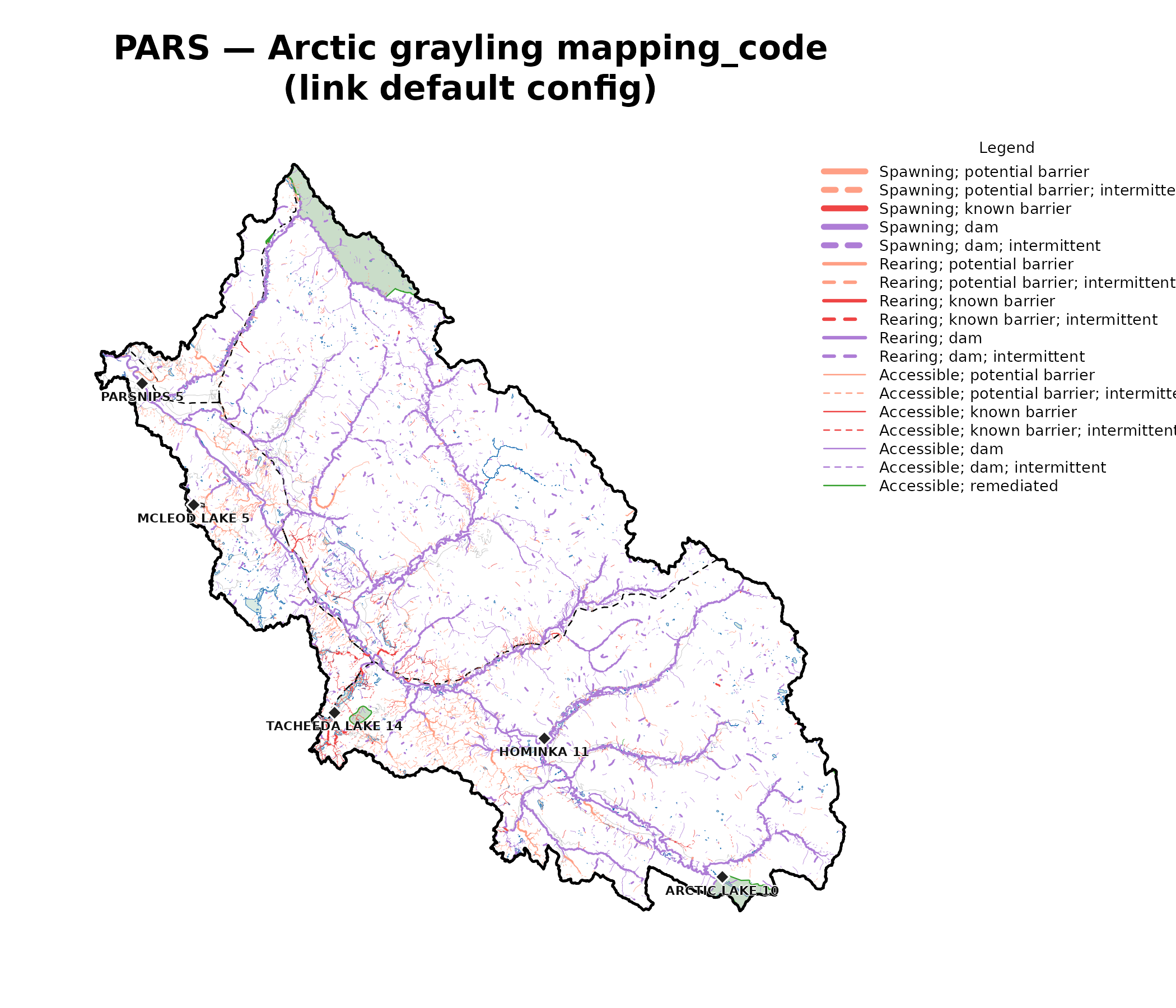 Arctic grayling per-segment mapping_code across the Parsnip River Watershed Group, link's default configuration — a species bcfishpass does not yet model. Same symbology registry and context layers as the bull-trout map, so the two are directly comparable. The grayling network is smaller than bull trout's (19,233 vs 31,932 classified segments), but every grayling segment is net-new output relative to bcfishpass, and 1,764 of them carry no bull-trout classification at all.
