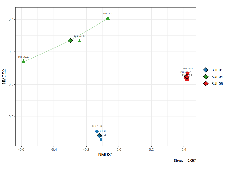 Two-dimensional NMDS ordination of benthic invertebrate communities across nine samples (three sites, three replicates). Points are coloured by site with spider lines connecting replicates to group centroids and standard deviation ellipses. Closer points indicate more similar community composition.