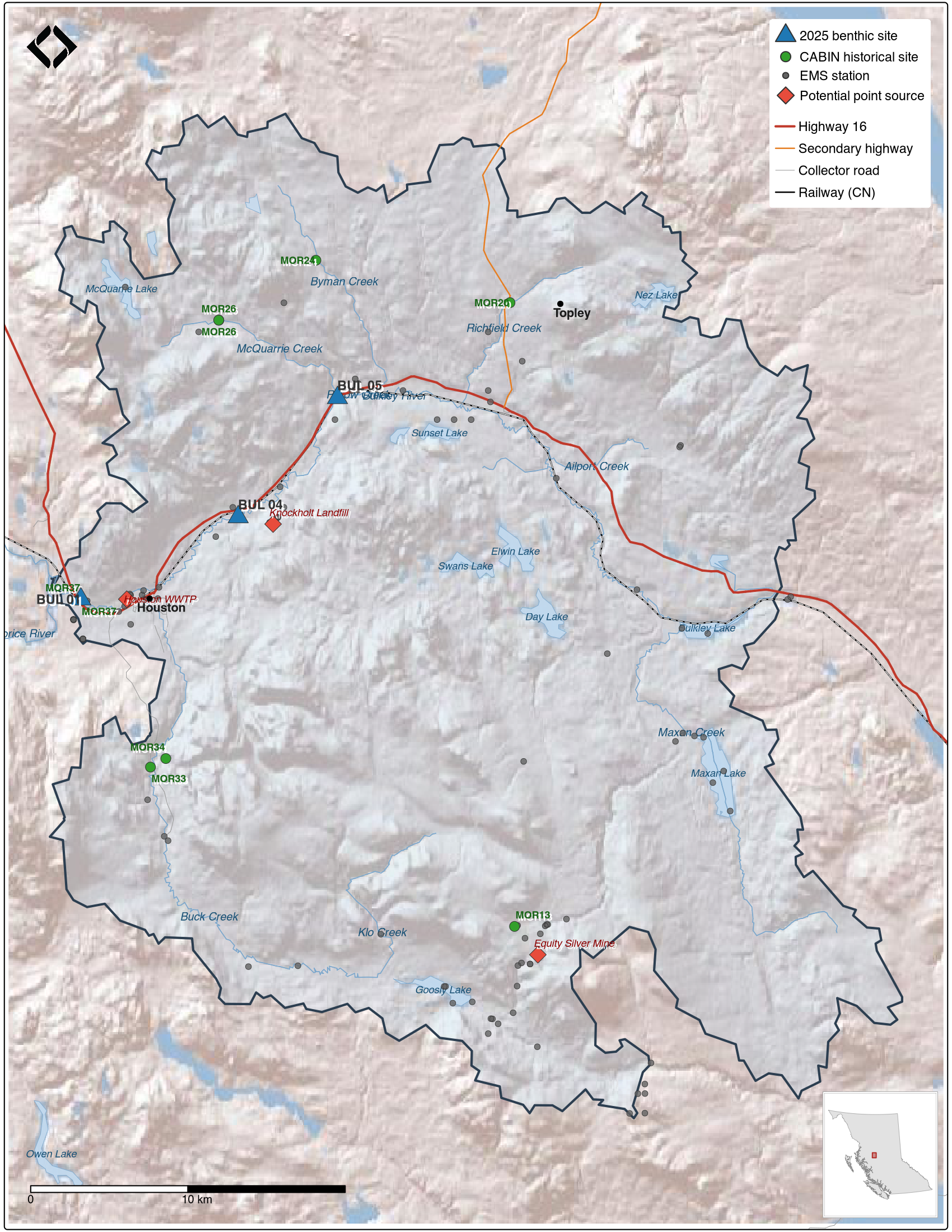 Sampling and monitoring locations within the Neexdzii Kwa watershed. Blue triangles indicate 2025 benthic sampling sites; green circles show CABIN historical sites (Table \@ref(tab:cabin-sites-cap)); red diamonds mark potential point sources. Grey dots are EMS water quality stations — see Appendix \@ref(historical-water-quality-ems) for interactive detail.