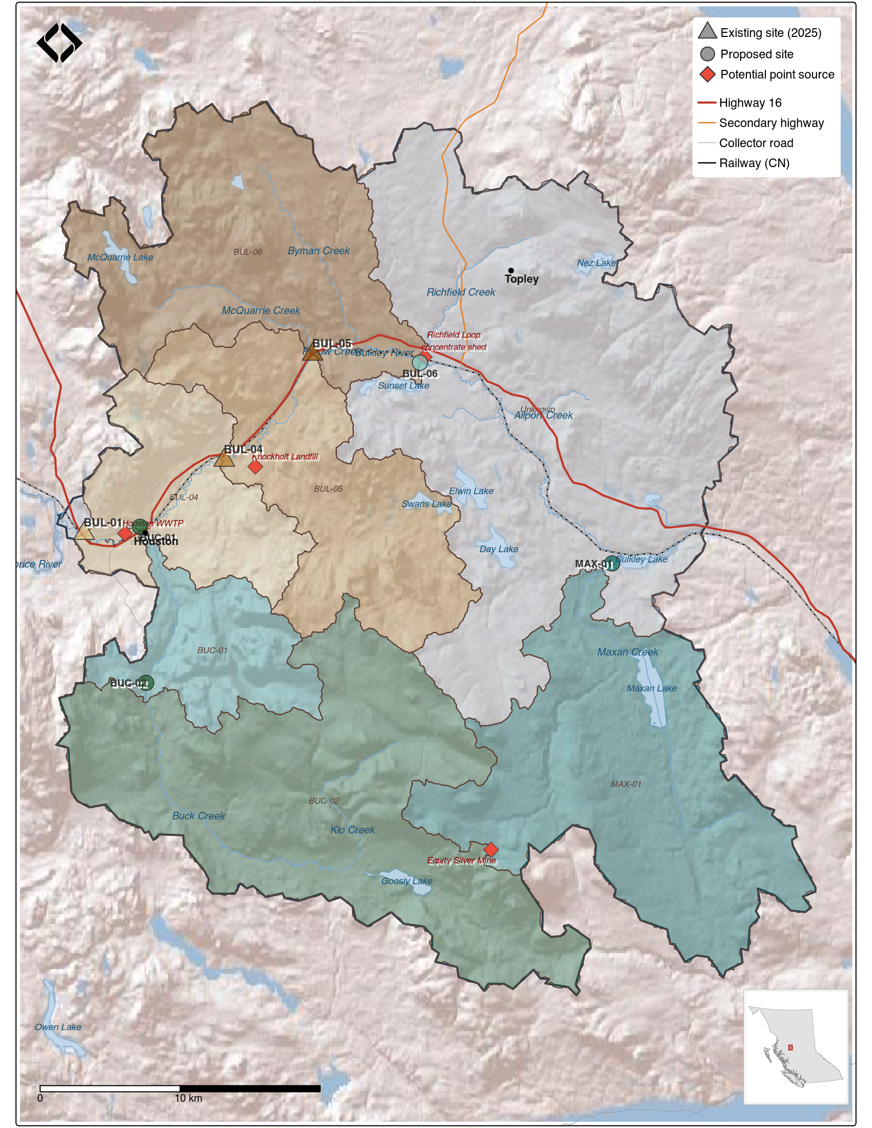Proposed monitoring sites for expanded benthic assessment of the Neexdzii Kwa watershed. Triangles indicate existing 2025 sampling sites; circles show proposed expansion sites. Monitoring site marker colors correspond to the upstream sub-watershed area from which each station receives inputs.