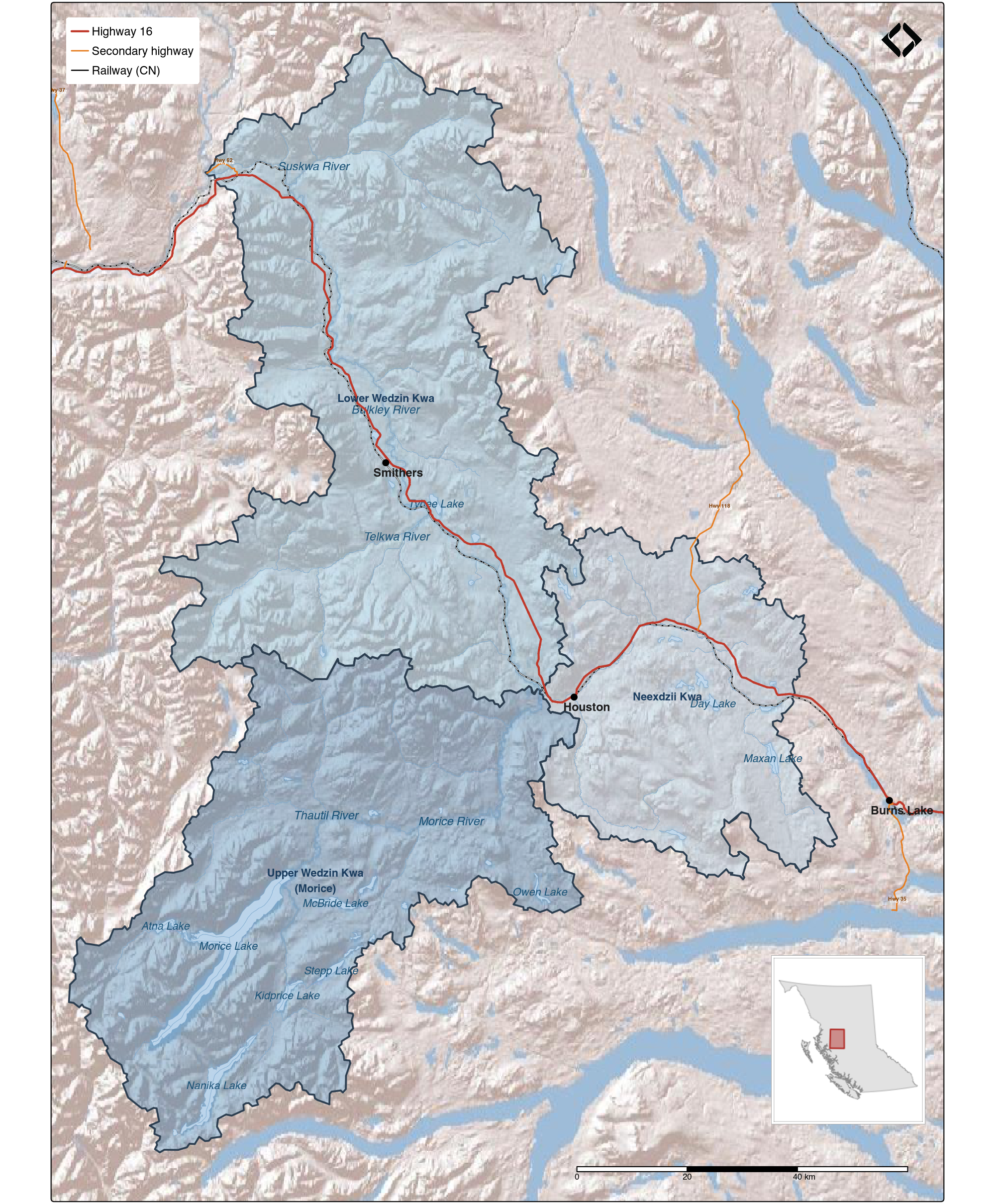 Study area — the Neexdzii Kwa (Upper Bulkley River) within the broader Wedzin Kwa (Bulkley-Morice) watershed in northwestern British Columbia.