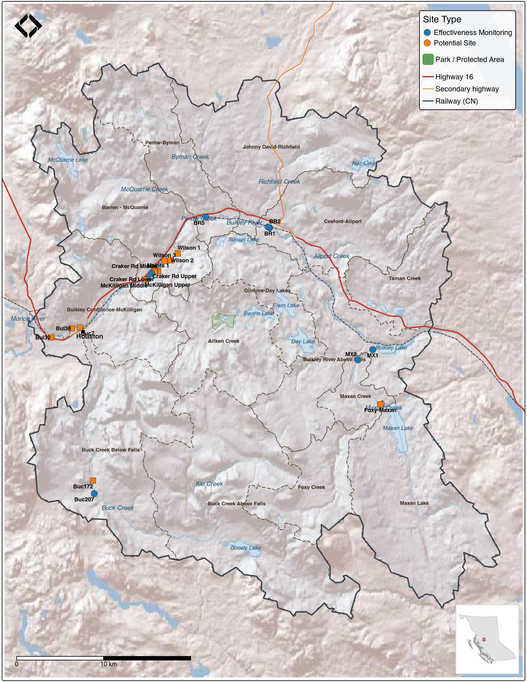 Study area map showing sub-basin boundaries and field review site locations within the Neexdzii Kwah (upper Bulkley River) watershed. Sites are classified as effectiveness monitoring (completed restoration works) or potential restoration sites.