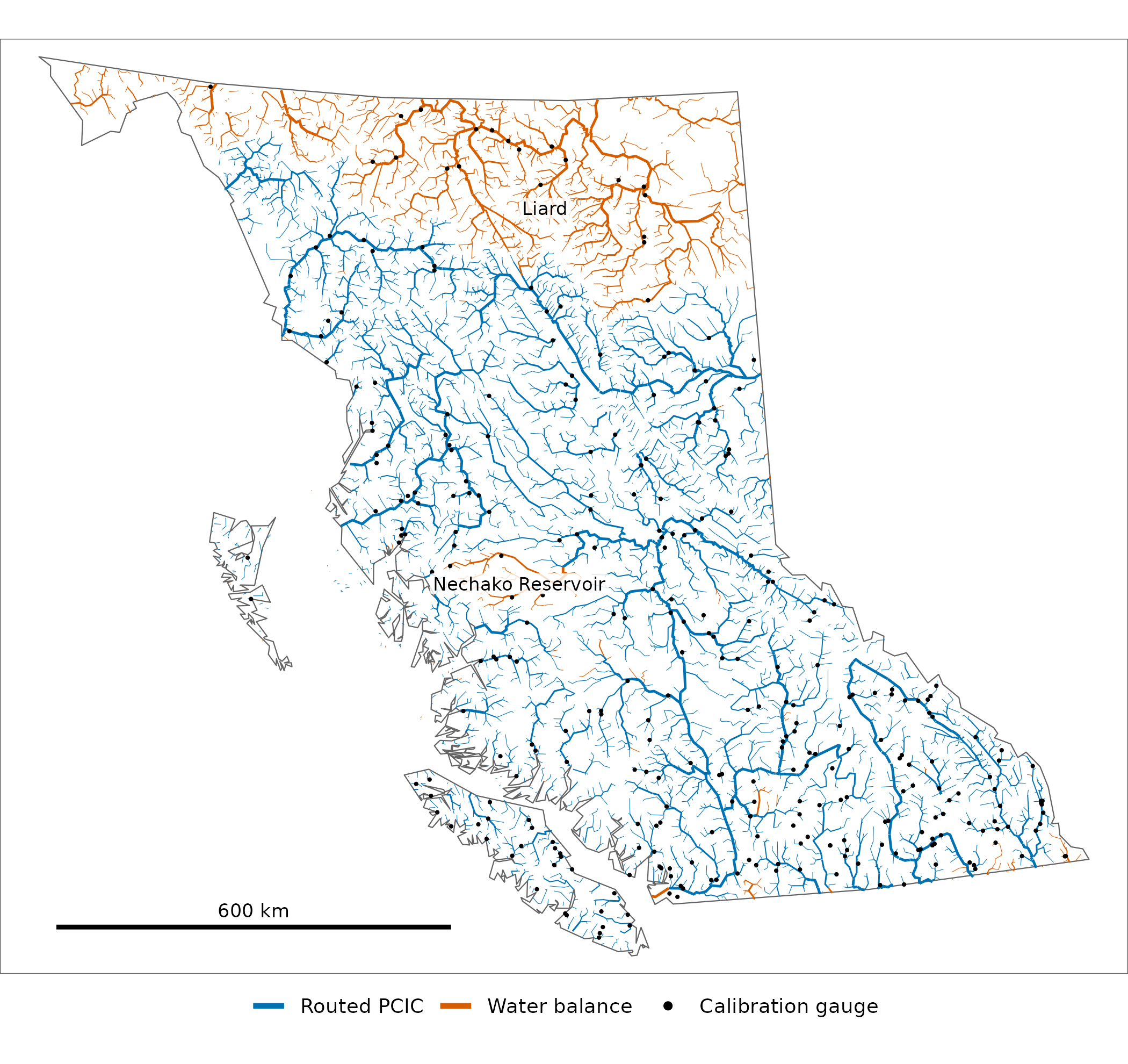 The source `pick` takes on main-flow rivers of stream order 5 and up (wider for higher orders), 6% of BC's segments, and the 315 calibration gauges. Smaller streams are not drawn, nor the 1,557 segments of that order with neither.