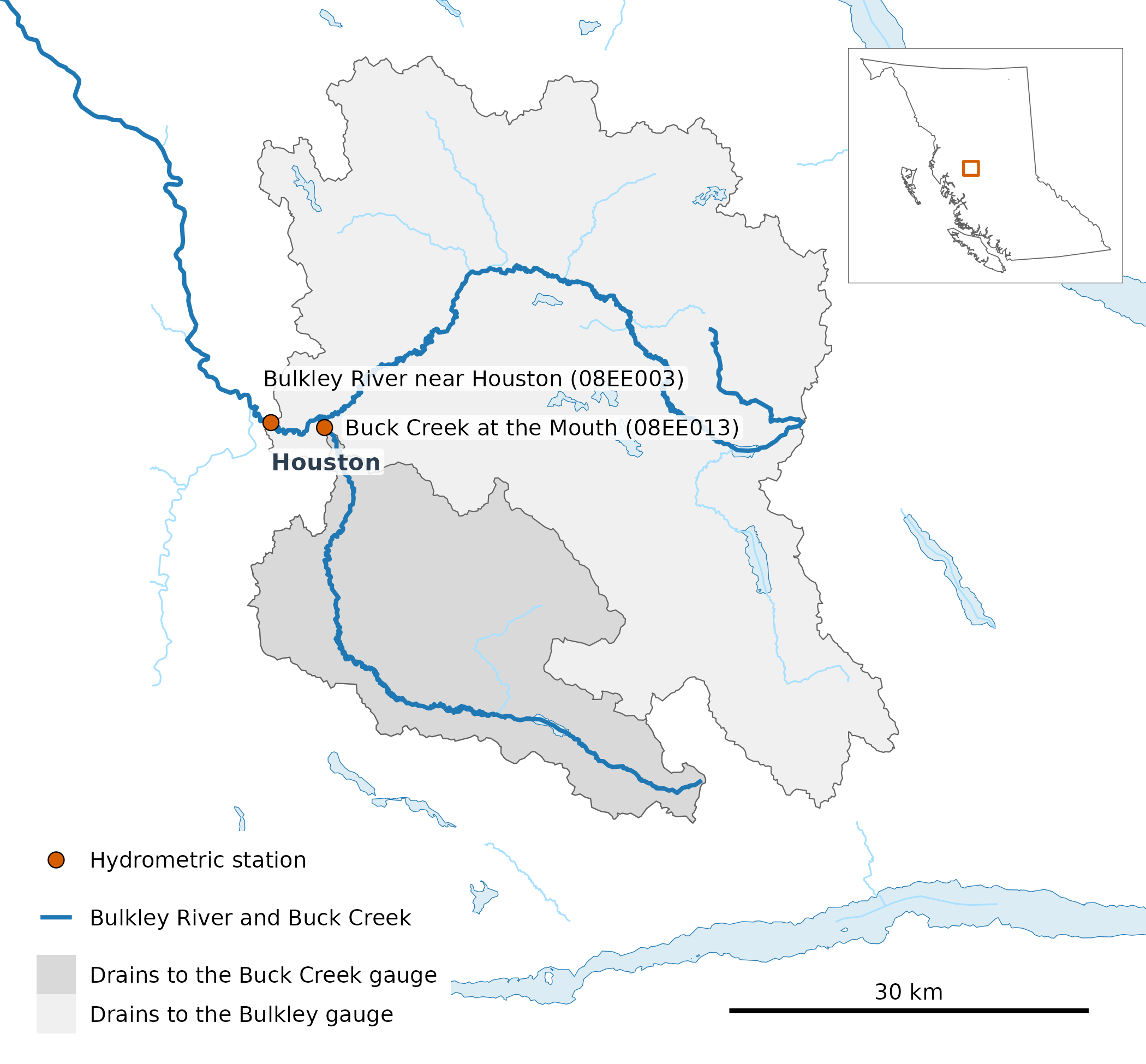 The two stations and the land each one drains. Buck Creek's catchment (567 km²) lies inside the Bulkley gauge's (2,315 km²), so the two records are not independent.